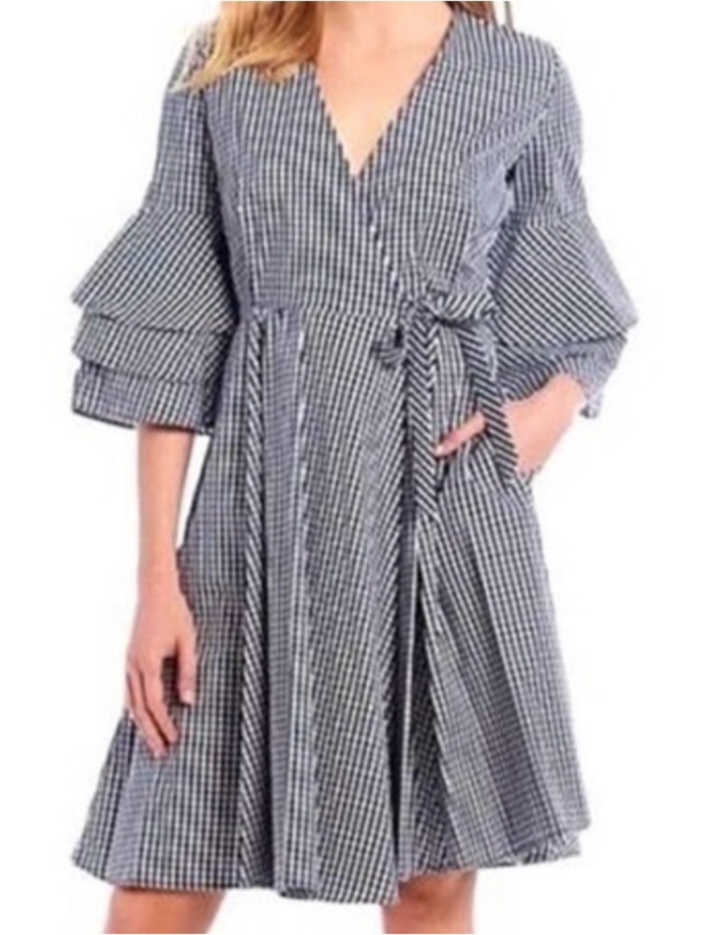 Calvin Klein Navy & White Gingham Wrap Midi Bell Sleeve Dress